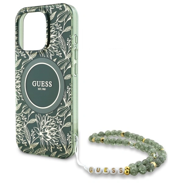 Guess GUHMP16XHCPOFPA Apple iPhone 16 Pro Max hardcase IML Flowers Allover Electro With Pearl Strap MagSafe green
