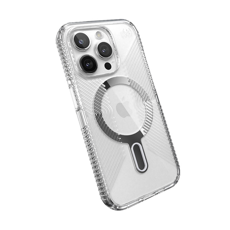 Speck Presidio Perfect-Clear Grip ClickLock MagSafe Apple iPhone 15 Pro (Clear/Chrome Finish/Serene Silver)