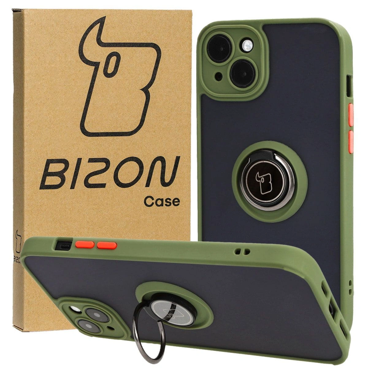 Bizon Case Hybrid Ring Apple iPhone 15 Plus smoky with a green frame