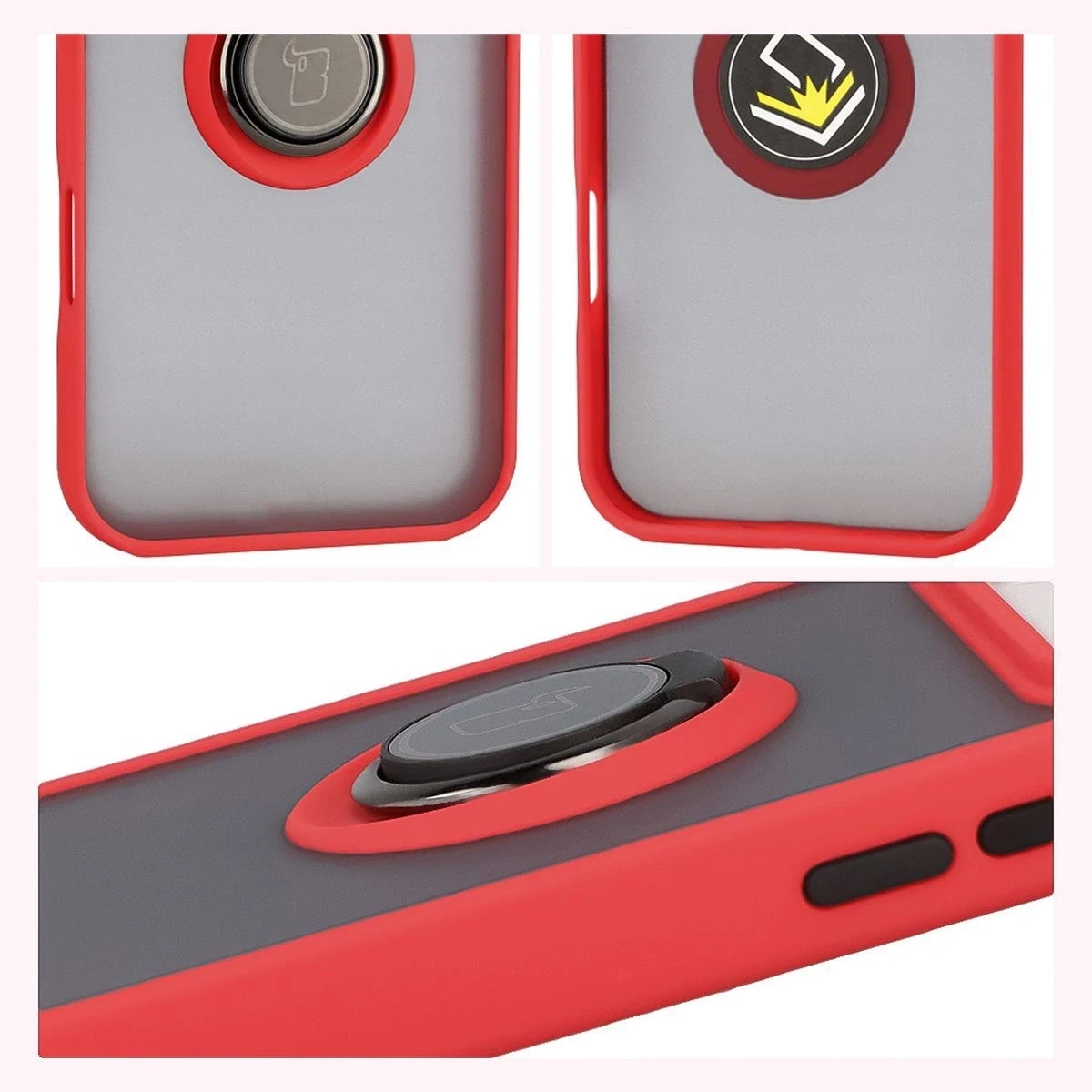 Etui z uchwytem na palec Bizon Case Hybrid Ring do Apple iPhone 17 Pro Max przydymione z czerwoną ramką