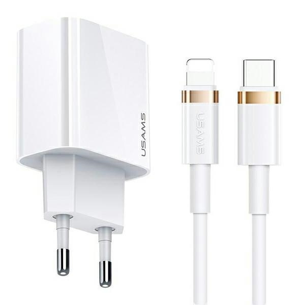 USAMS T34 Wall Charger 1xUSB-C 20W 5V-3A PD3.0 + U63 cable USB-C/Lightning 20W white T49OCLN01