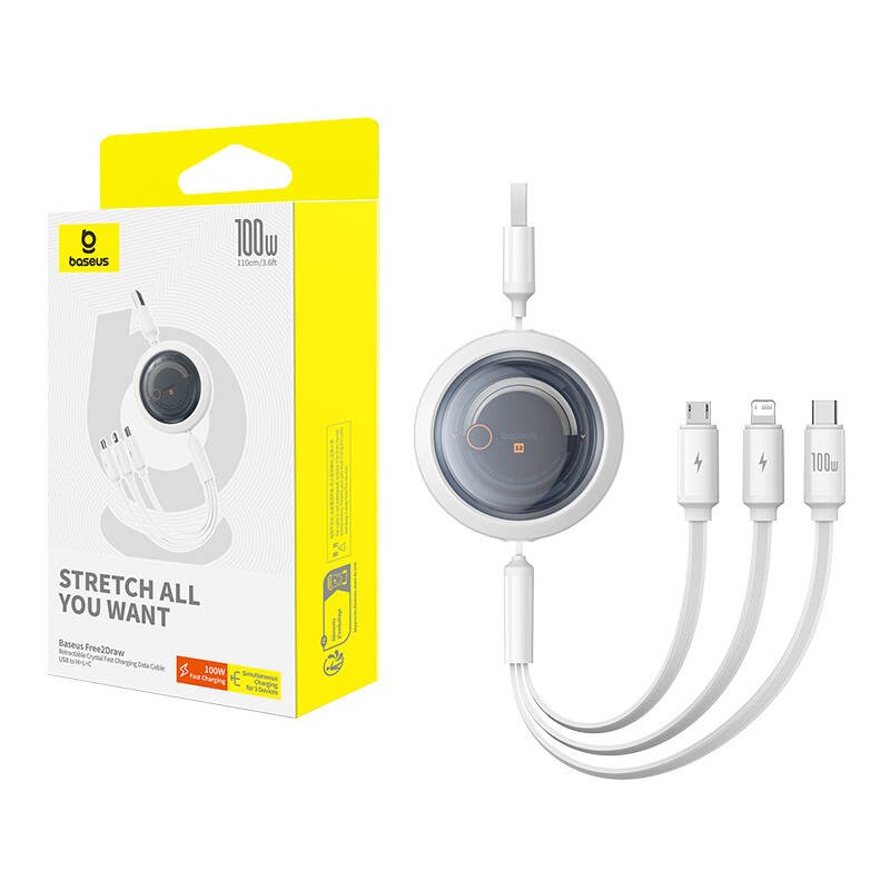 Baseus Free2Draw 3-in-1 cable USB-A / microUSB,Lightning,USB-C, 100W, 1.1 m (white)