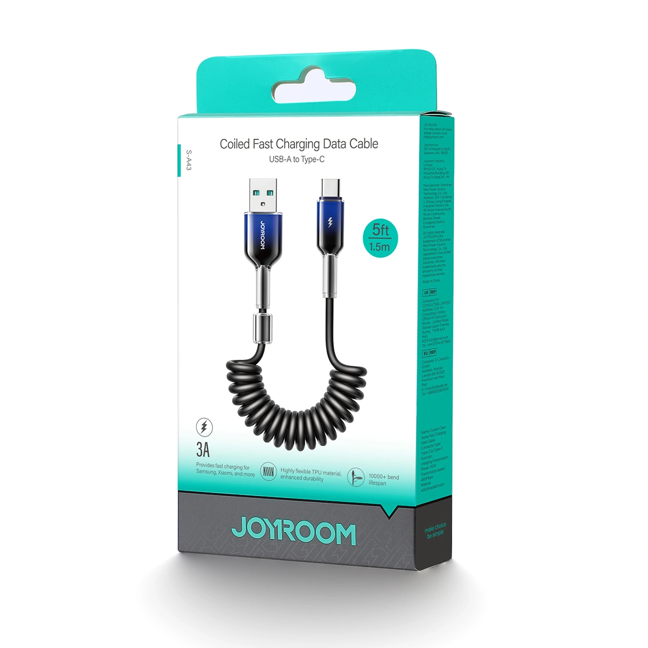Joyroom S-A43 Crystal-Clear Series 3A spiral cable USB-A / USB-C 1.5m black
