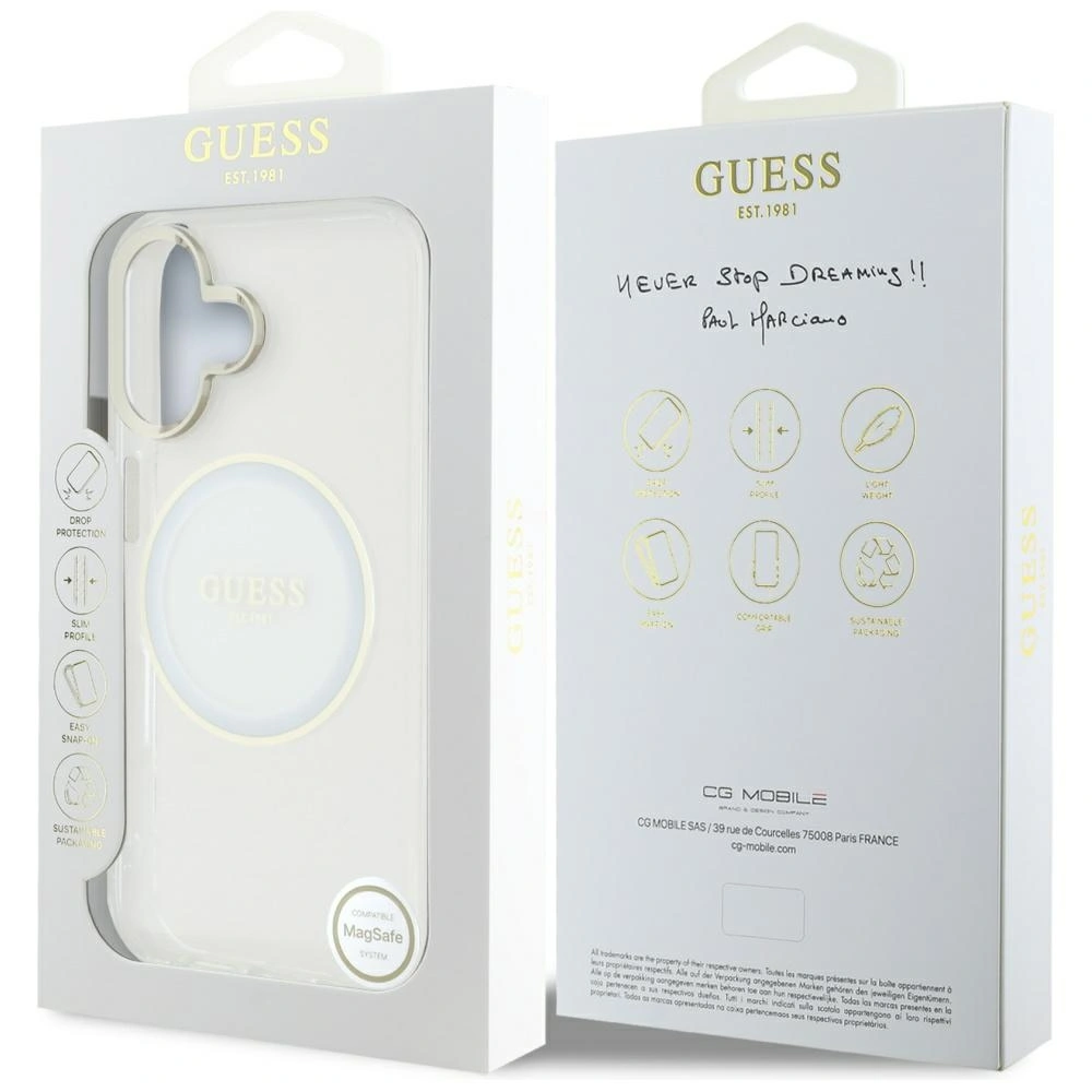Etui Guess IML Metal Colored Circle Classic Logo MagSafe do Apple iPhone 16 biały