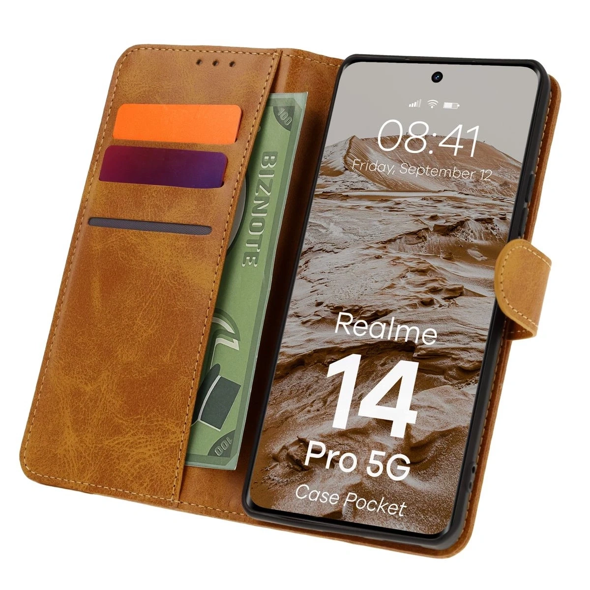 Etui z klapką Bizon Case Pocket do Realme 14 Pro 5G brązowe