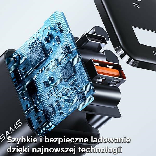 USAMS T43 Wall Charger 1xUSB-C/1xUSB 33W PD 3.0 + QC 3.0 + U63 cable USB-C/Lightning black USKTZ01