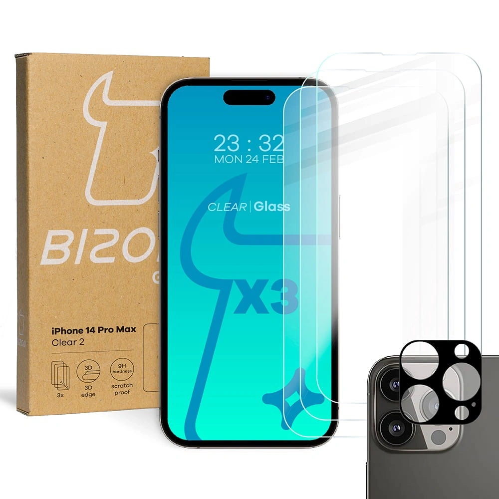 BIZON 3x screen glass + camera glass Apple iPhone 14 Pro Max