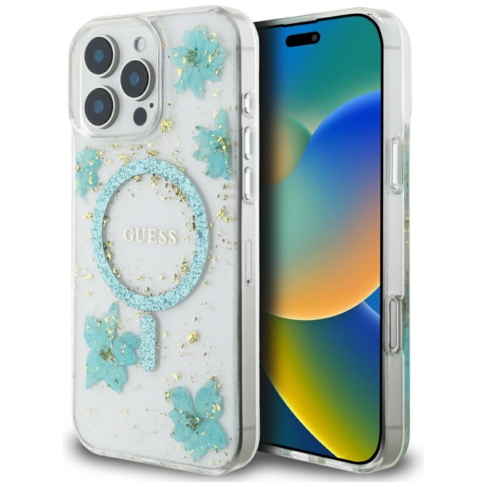Case Guess Resin Flowers Glitter MagSafe for Apple iPhone 16 Pro turquoise