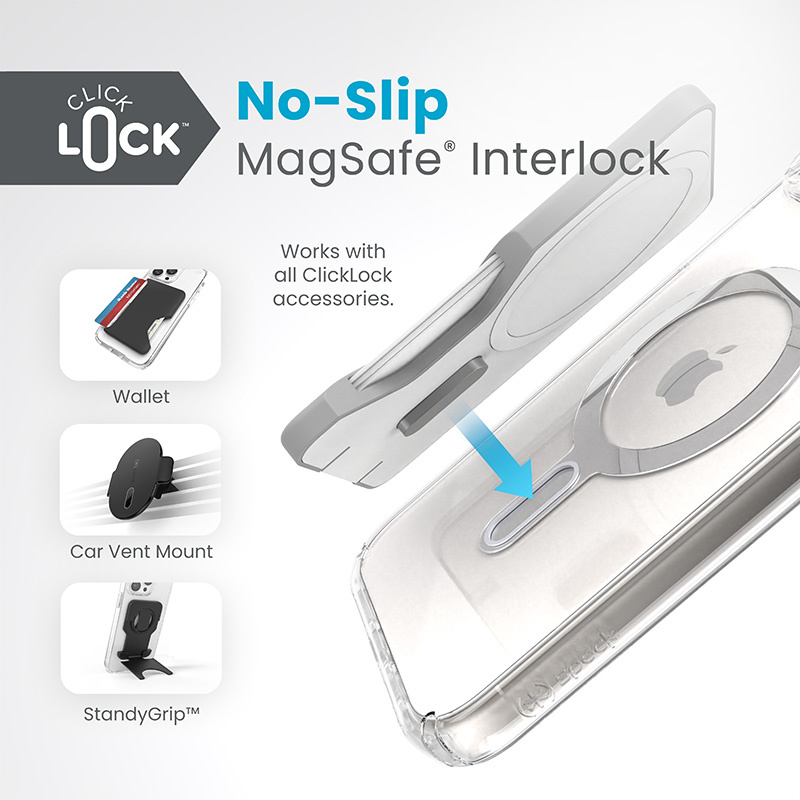 Speck Presidio Perfect-Clear ClickLock MagSafe Apple iPhone 15 Plus (Clear/Chrome Finish/Serene Silver)