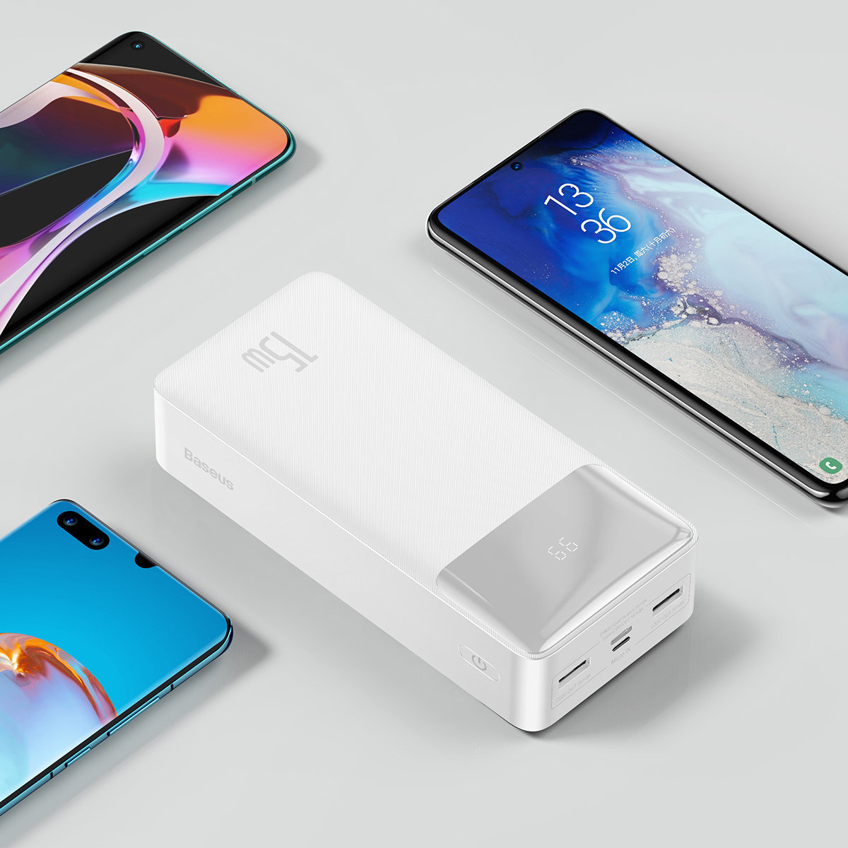 Powerbank Baseus Bipow Display 30000mAh 15W white (Overseas Edition) + USB/microUSB cable 0.25m white