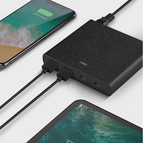 UNIQ Wall charger HUB Surge 90W charcoal black 2xUSB Quick Charge 3.0 + 2xUSB-C PD 3.0 (LITHOS Collective)