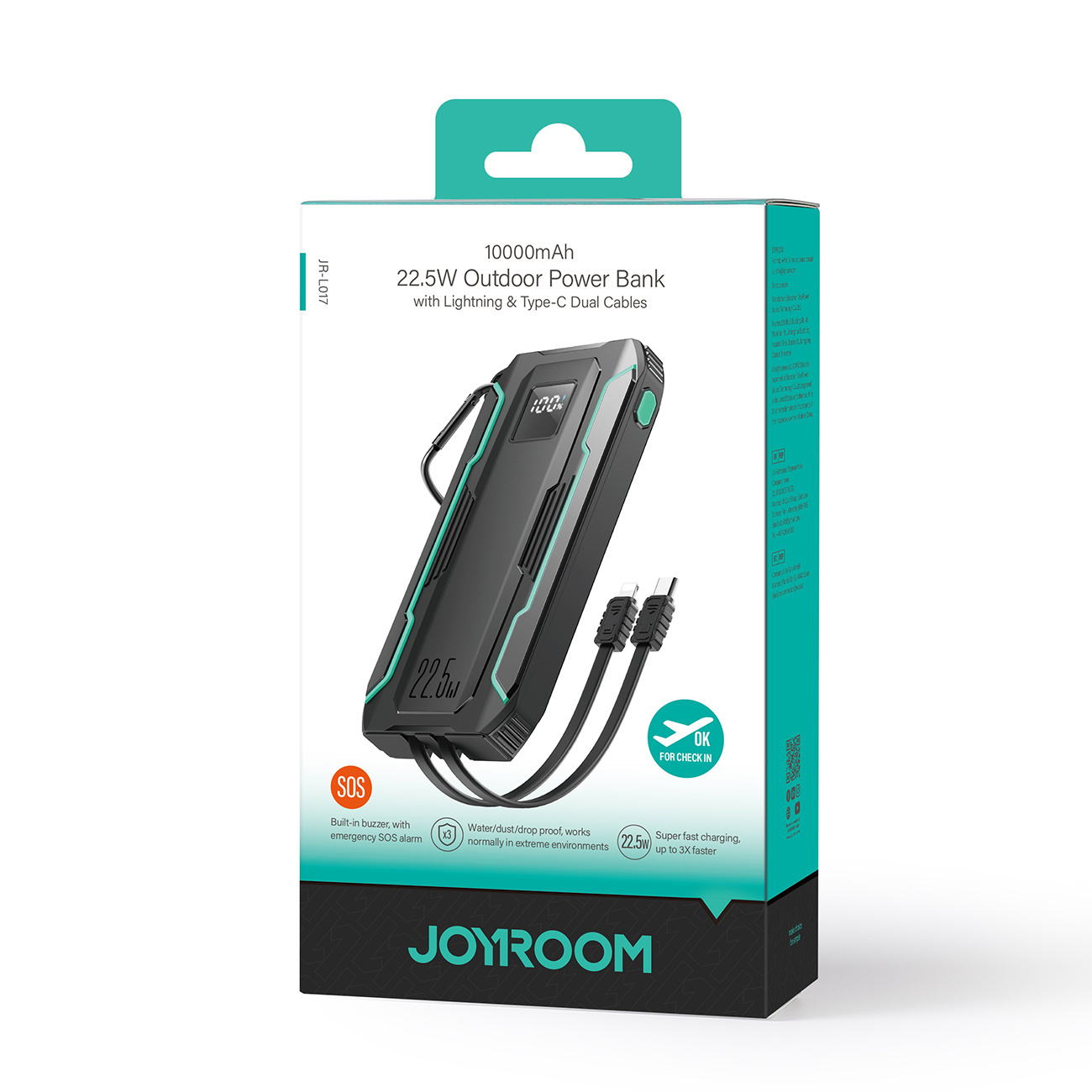 Joyroom JR-L017 powerbank 10000mAh 22.5W with built-in USB-C, Lightning cables black