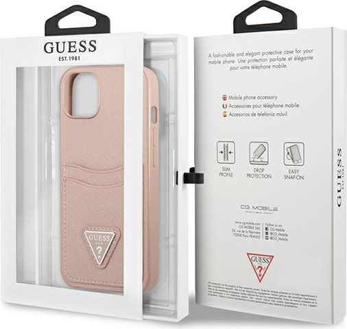 Guess GUHCP13SPSATPP Apple iPhone 13 mini pink hardcase SaffianoTriangle Logo Cardslot