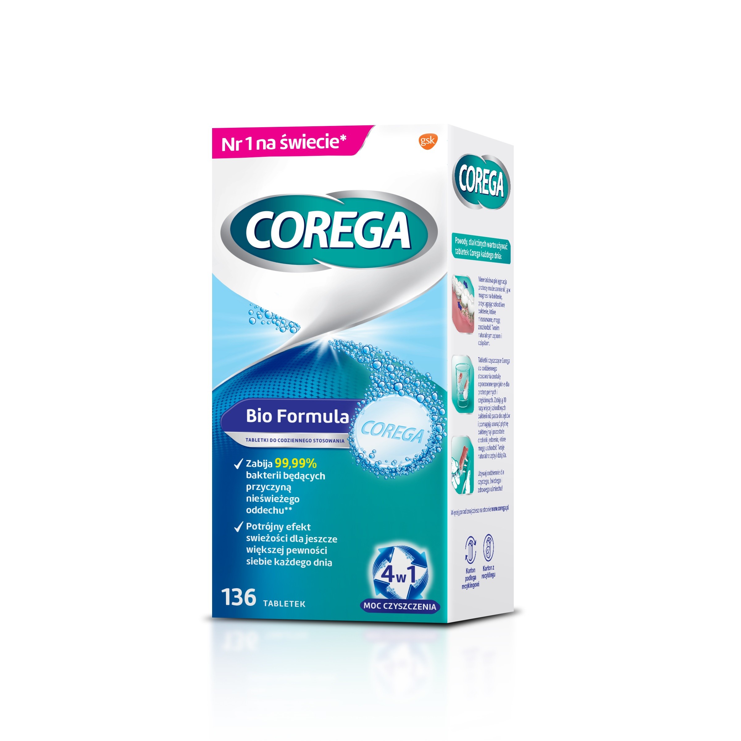 COREGA Bio Formula Tabletki do codziennego czyszczenia protez zębowych Moc Czyszczenia 4w1  1op.-136szt