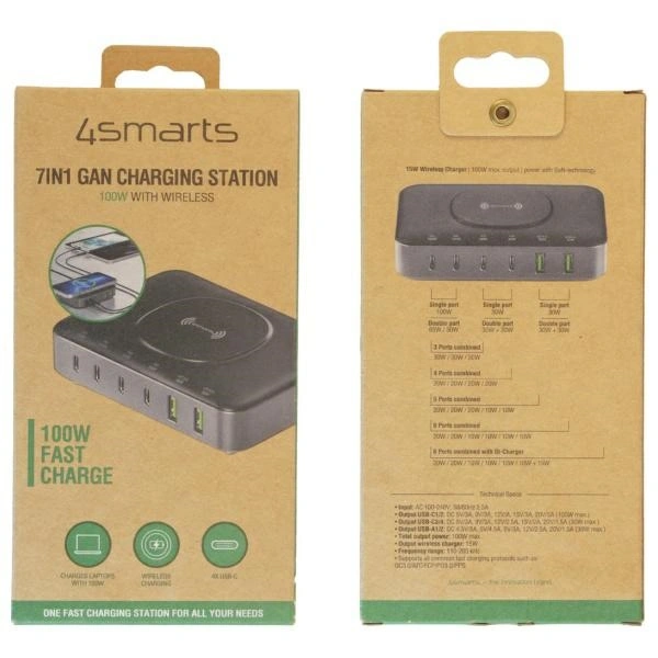 4smarts 7-in-1 charging station 100W with wireless charging black-grey