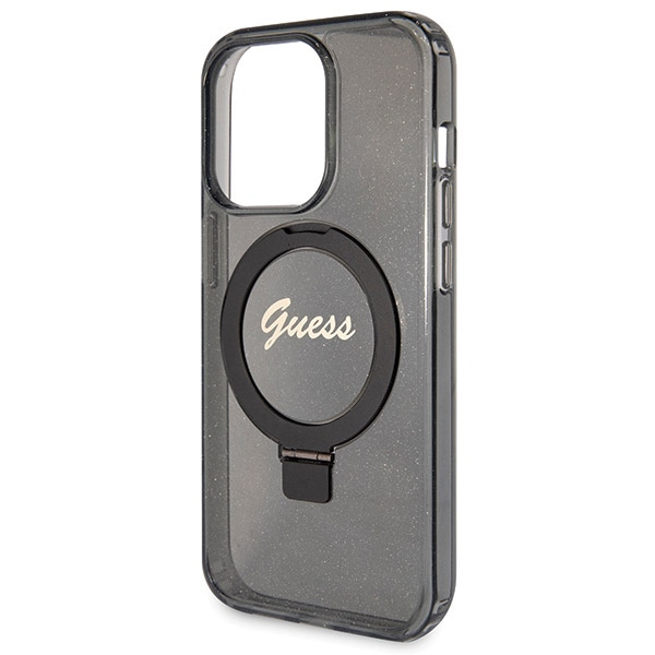 Guess GUHMP14XHRSGSK Apple iPhone 14 Pro Max hardcase Ring Stand Script Glitter MagSafe black