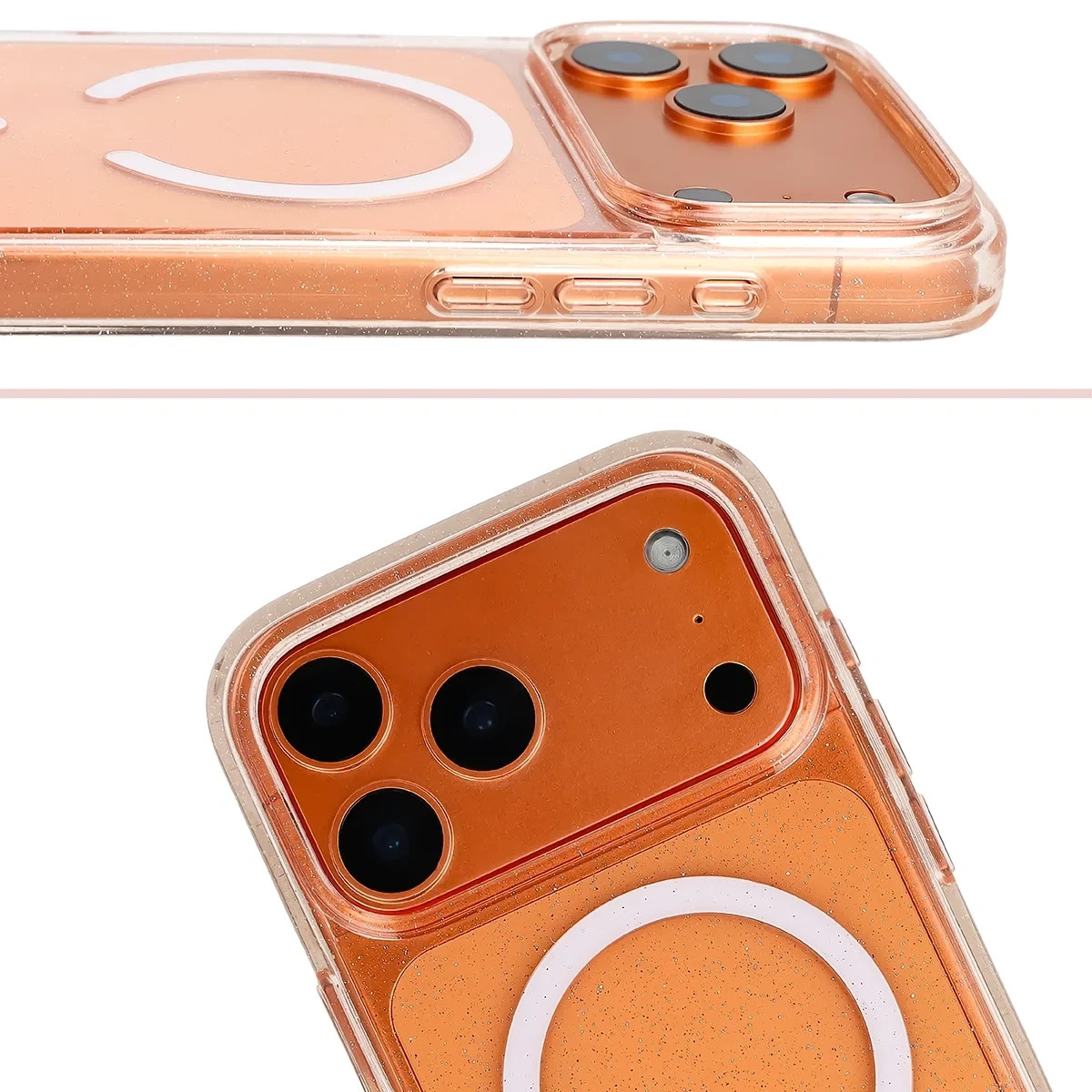 Etui brokatowe z pierścieniem magnetycznym Bizon Case SparklO do Apple iPhone 17 Pro Max, przezroczysto-jasnopomarańczowe z brokatem