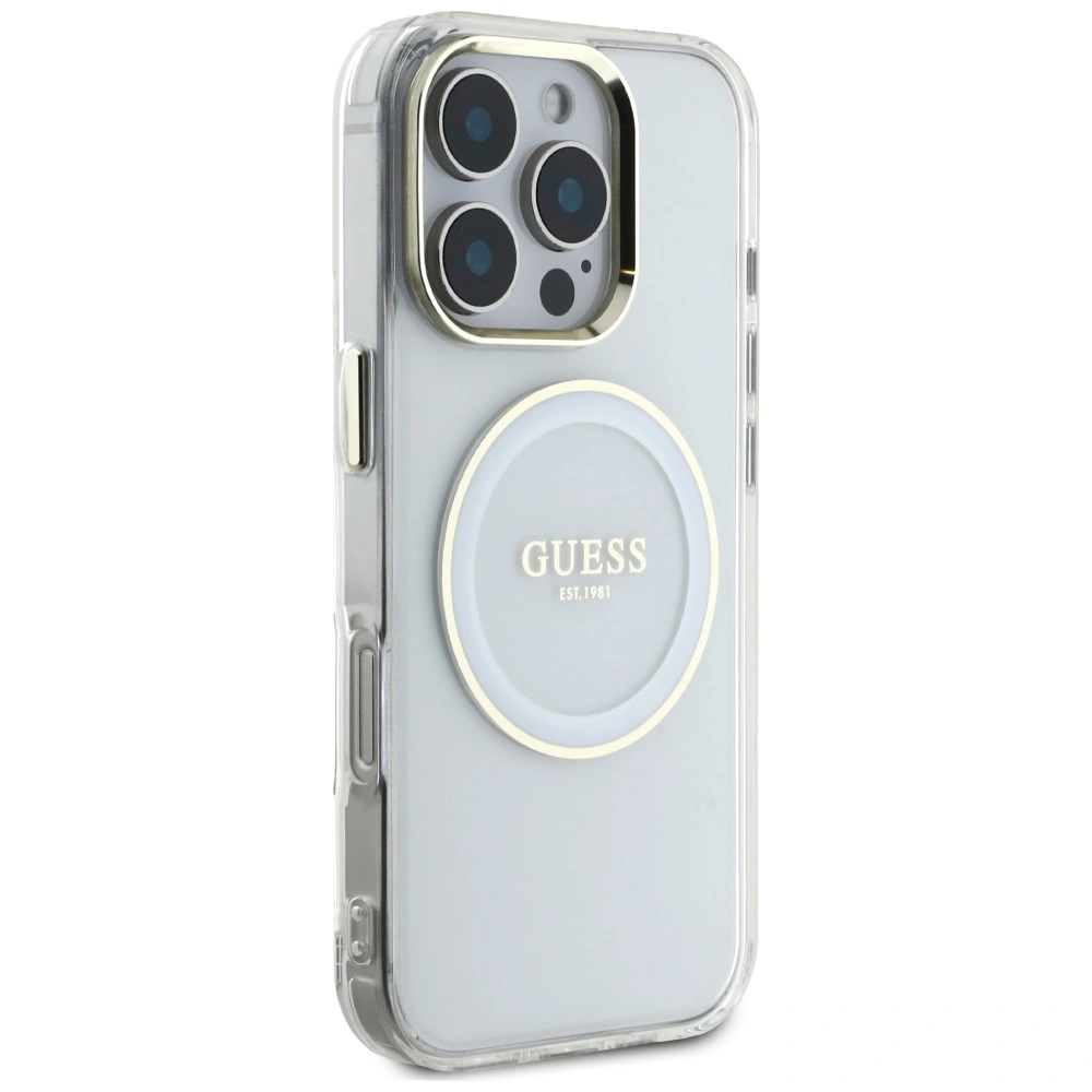 Etui Guess IML Metal Colored Circle Classic Logo MagSafe do Apple iPhone 16 Pro biały