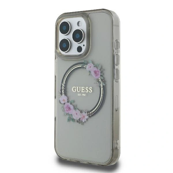 Case Guess GUHMP16LHFWFCK Apple iPhone 16 Pro hardcase IML Flowers Wreath MagSafe black