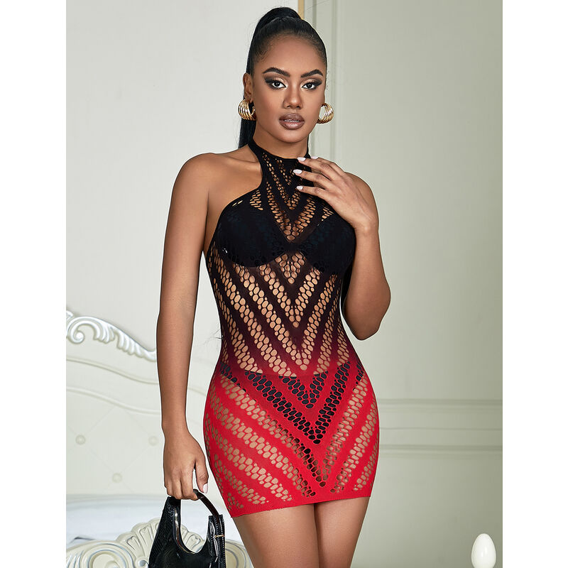 SUBBLIME - 952242 RED AND BLACK DEGRADED ELASTIC FISHNET BODYSTOCKING ONE SIZE
