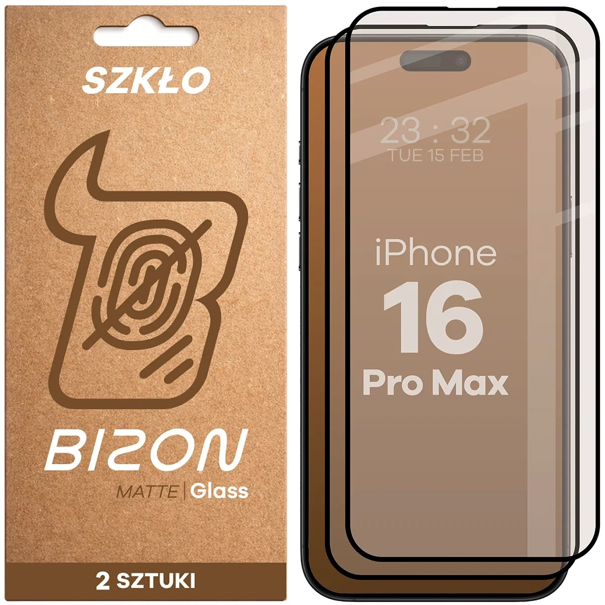 Matowe szkło hartowane Bizon Glass Matte Duo do Apple iPhone 16 Pro Max, czarna ramka [2 PACK]