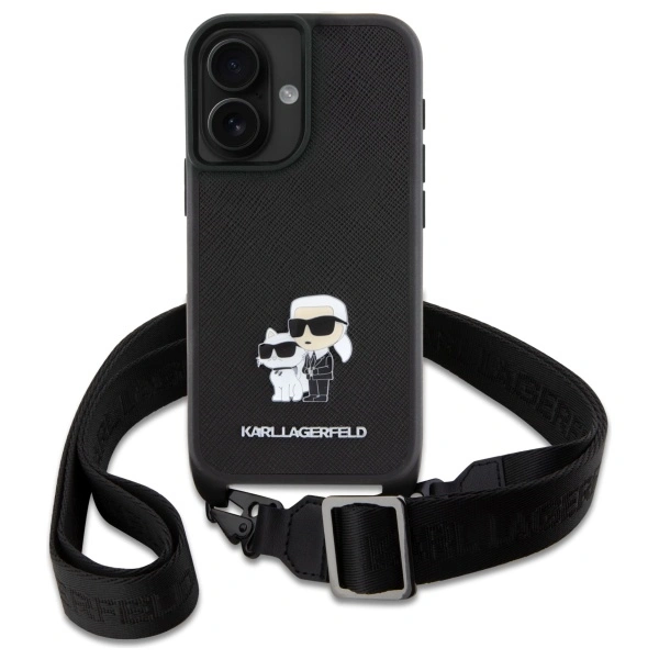 Karl Lagerfeld KLHCP16SSAKCPBK Apple iPhone 16 hardcase Saffiano Karl&Choupette Metal Pin CBDY Strap black