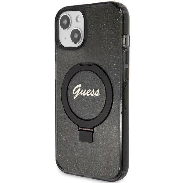 Guess GUHMP13MHRSGSK Apple iPhone 13 / 14 / 15 hardcase Ring Stand Script Glitter MagSafe black
