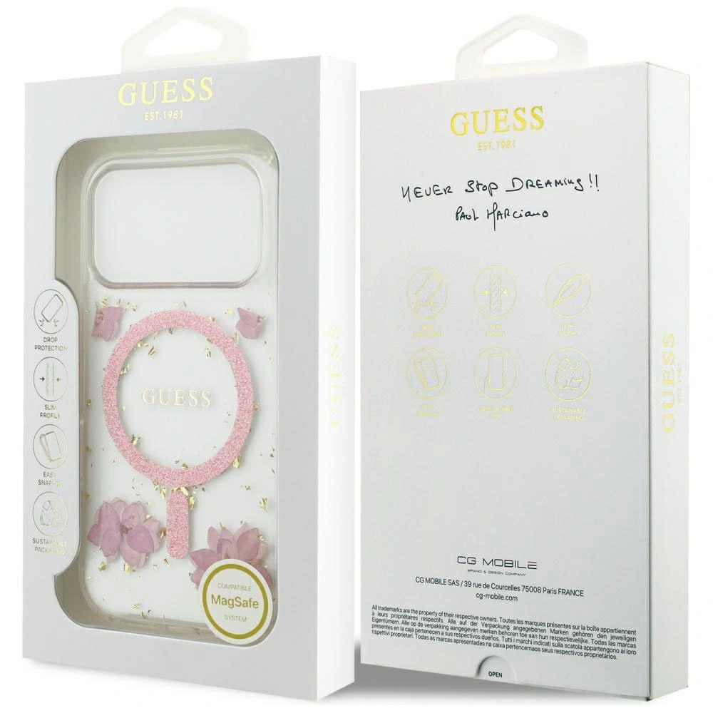 Etui Guess Resin Flowers Glitter MagSafe do Apple iPhone 17 Pro różowy