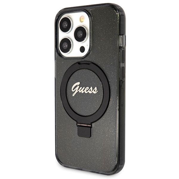 Guess GUHMP14XHRSGSK Apple iPhone 14 Pro Max hardcase Ring Stand Script Glitter MagSafe black