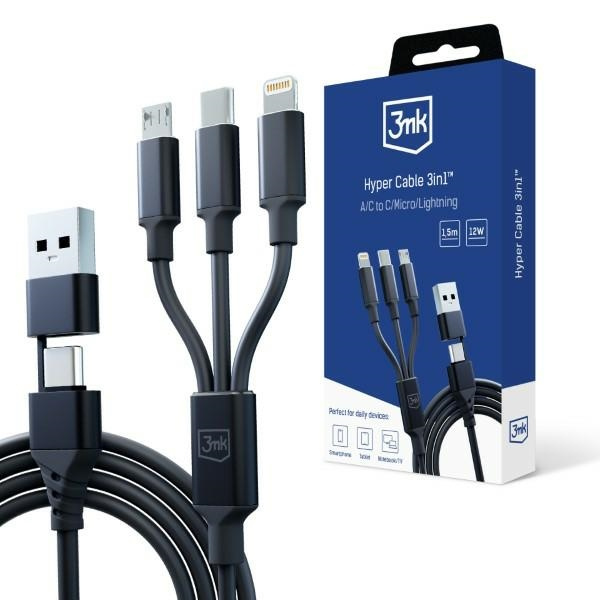3MK cable Hyper 3w1 USB-A - USB-C / USB-C, microUSB, Lightning 1.5m black