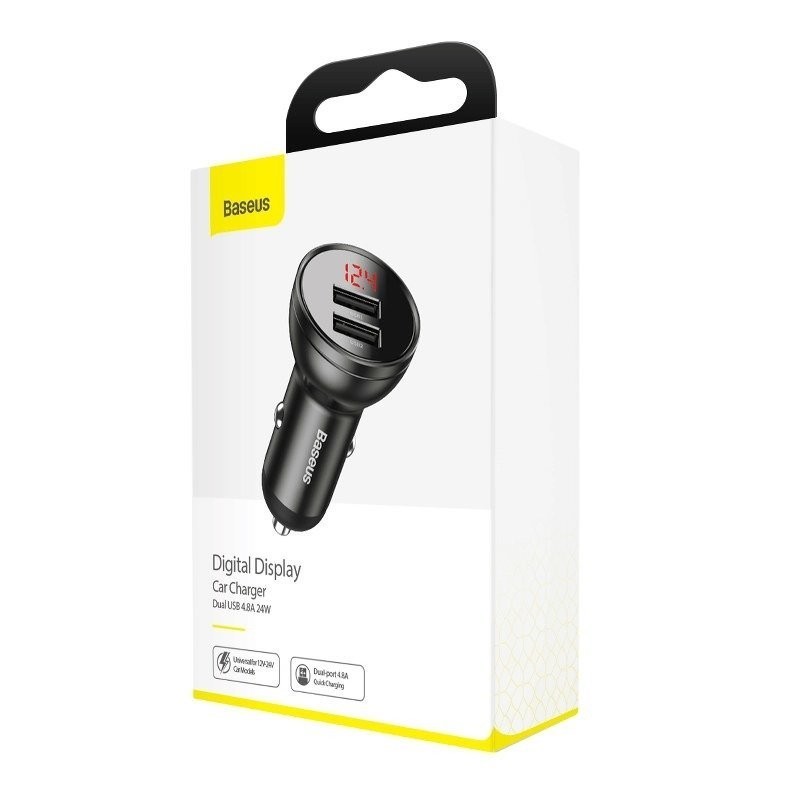 Baseus Digital Display Dual USB 4.8A Car Charger 24W Grey
