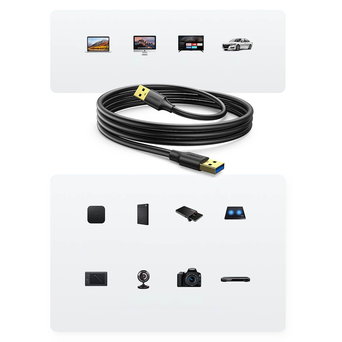Kabel UGREEN US128 USB-A/USB-A USB 3.0 5Gb/s 0.5m czarny