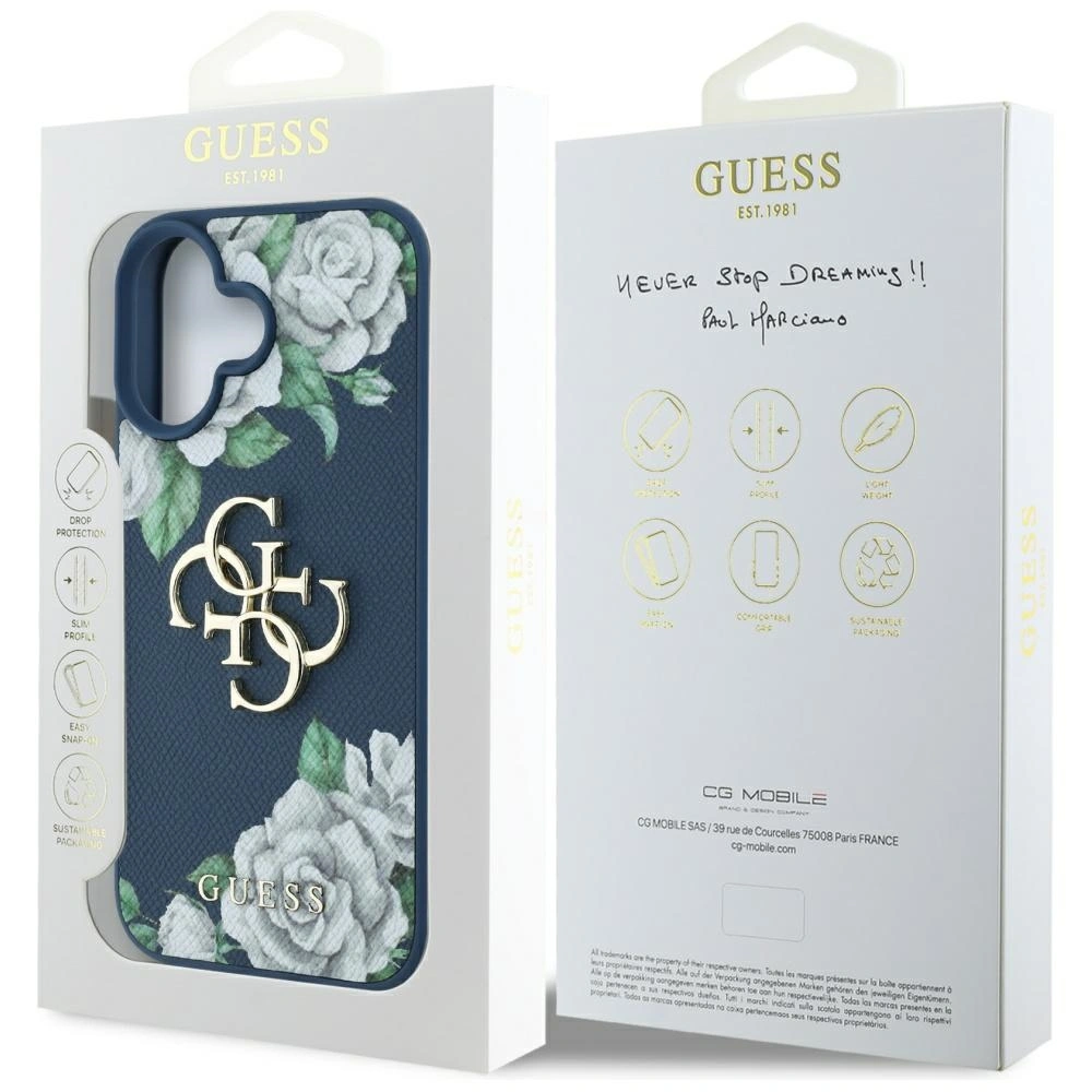 Etui Guess Grained Roses Big 4G logo do Apple iPhone 16 niebieski