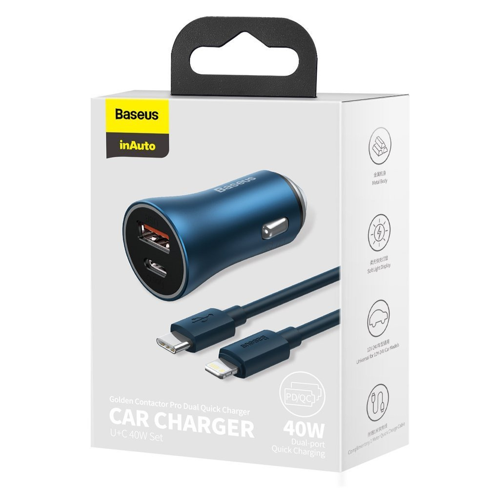Baseus Golden Contactor Pro Car Charger USB-C/USB 40W PD 3.0 QC 4.0+ SCP FCP AFC + USB-C/Lightning cable blue