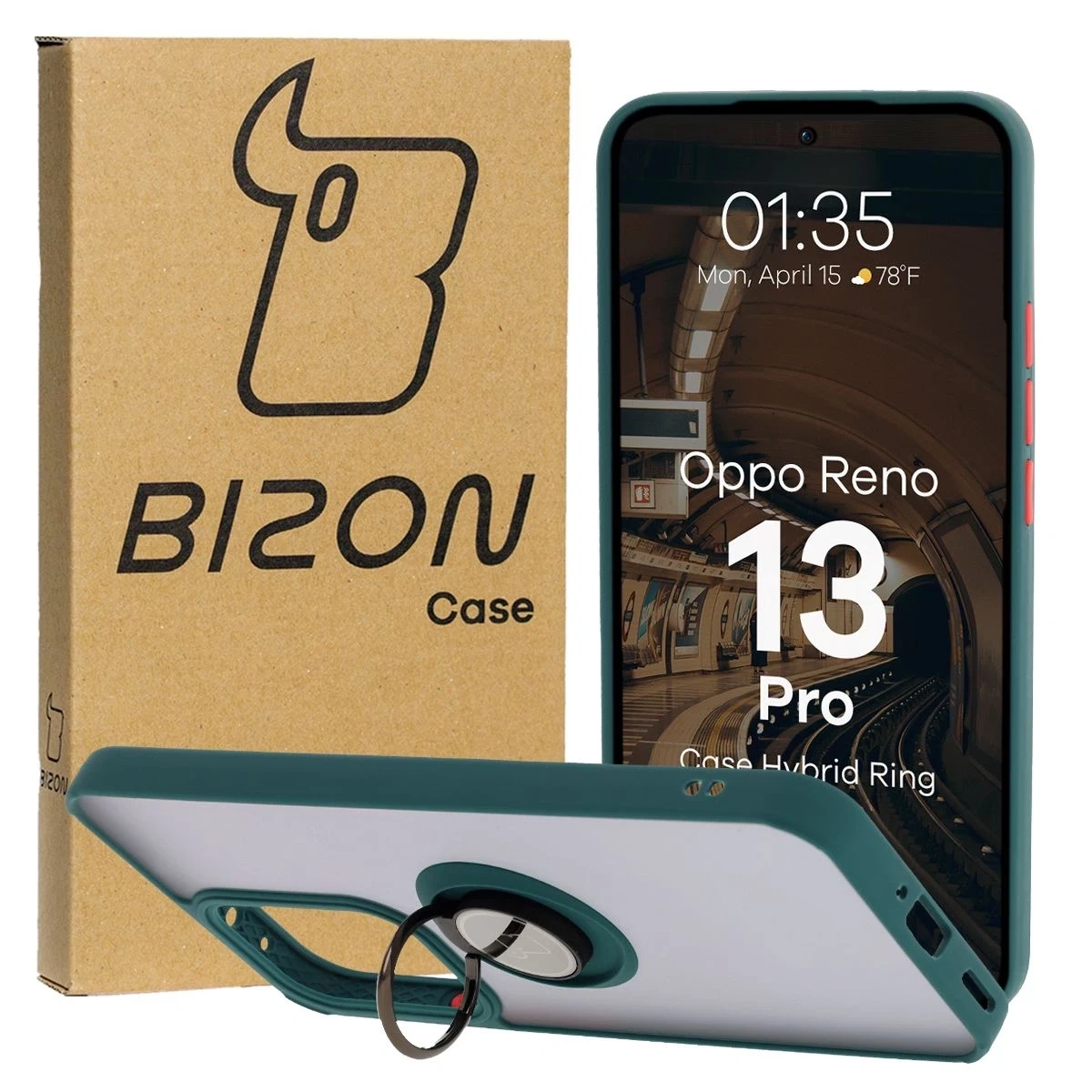 Bizon Case Hybrid Ring Oppo Reno13 Pro smoky with a dark green frame