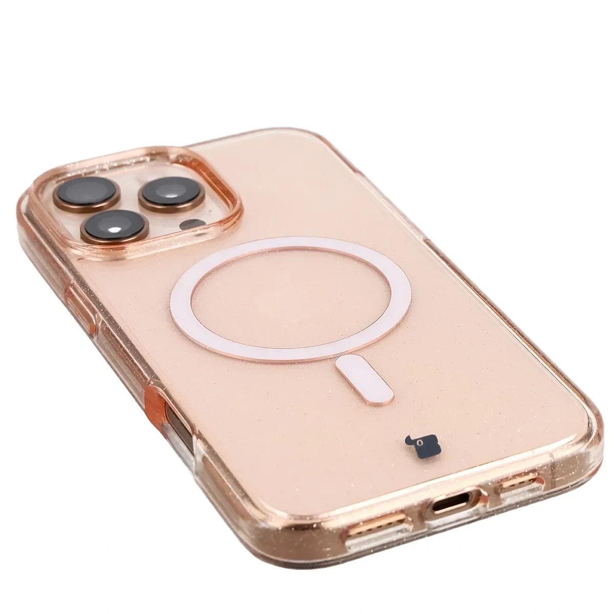 Etui brokatowe z pierścieniem magnetycznym Bizon Case SparklO do Apple iPhone 16 Pro Max, przezroczysto-jasnopomarańczowe z brokatem