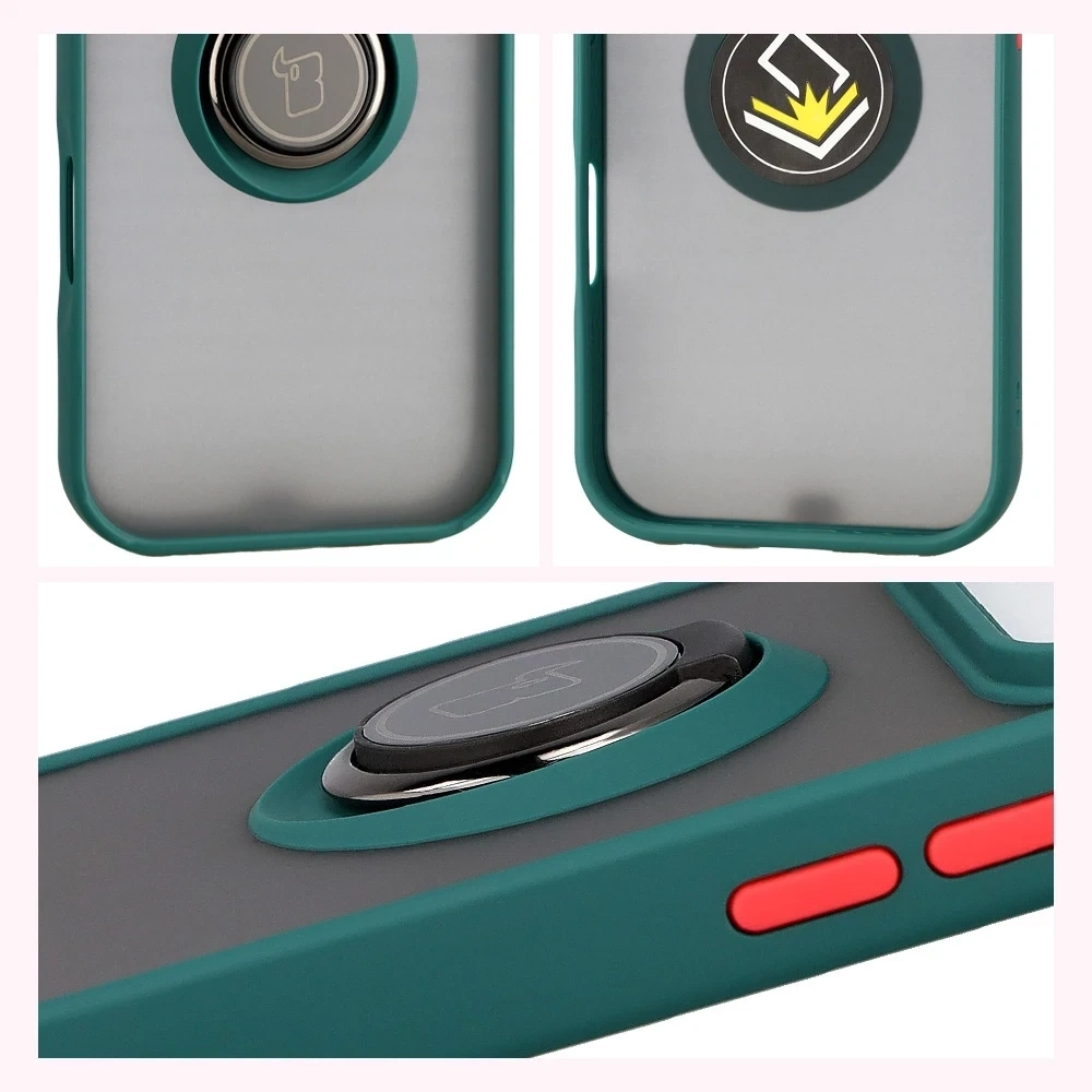 Etui z uchwytem na palec Bizon Case Hybrid Ring do Apple iPhone 17 Pro przydymione z ciemnozieloną ramką