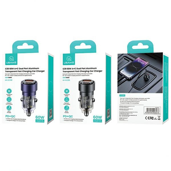 USAMS C39 car charger USB-A, USB-C 60W black