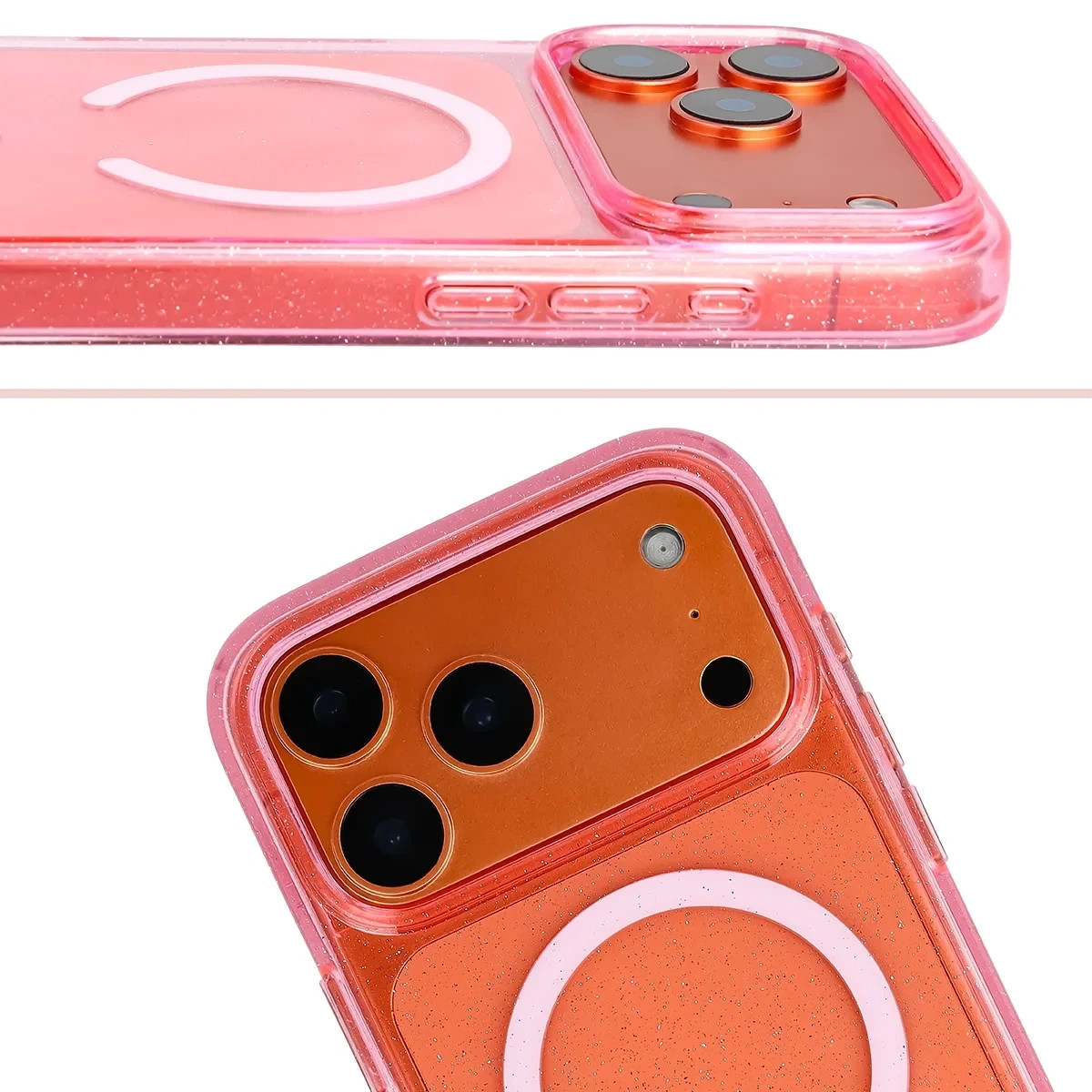 Etui brokatowe z pierścieniem magnetycznym Bizon Case SparklO do Apple iPhone 17 Pro Max, przezroczysto-różowe z brokatem