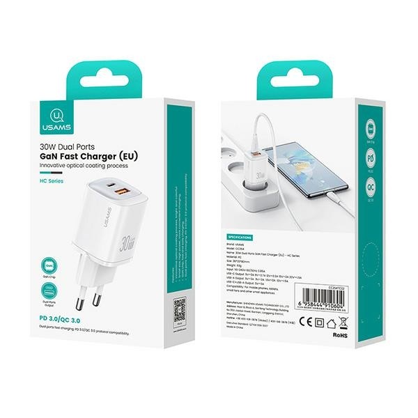 USAMS CC254 wall charger USB-A, USB-C 30W GaN Fast Charging HC Series white