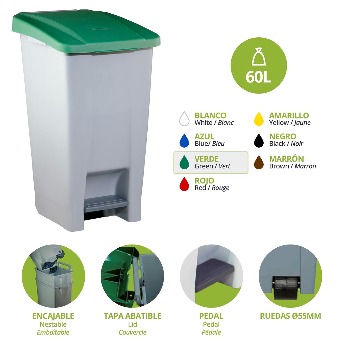 Kosz na śmieci do recyklingu Denox Kolor Zielony 60 L 38 x 49 x 70 cm