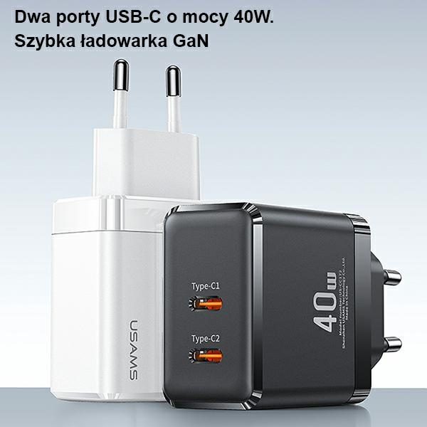 USAMS Wall Charger 2xUSB-C T54 40W (only head) PD Fast Charging black CC172TC01 (US-CC172)