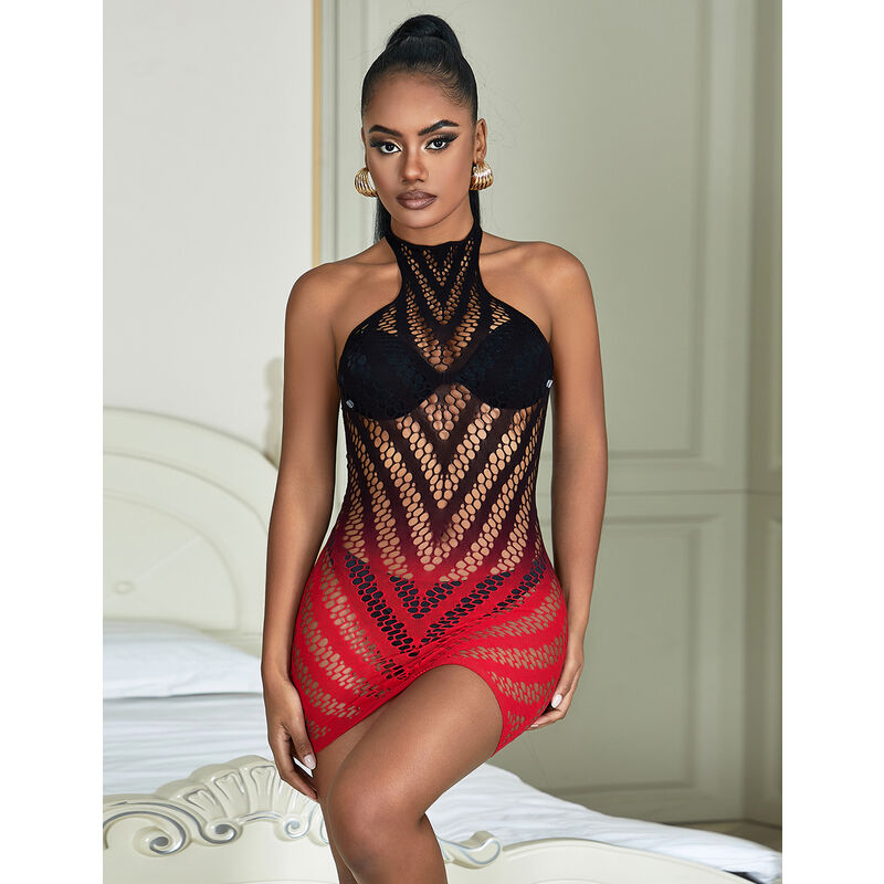 SUBBLIME - 952242 RED AND BLACK DEGRADED ELASTIC FISHNET BODYSTOCKING ONE SIZE