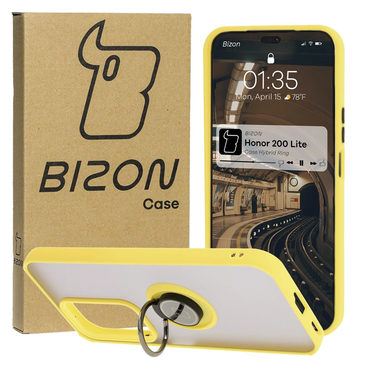 Bizon Case Hybrid Ring Honor 200 Lite smoky with a yellow frame