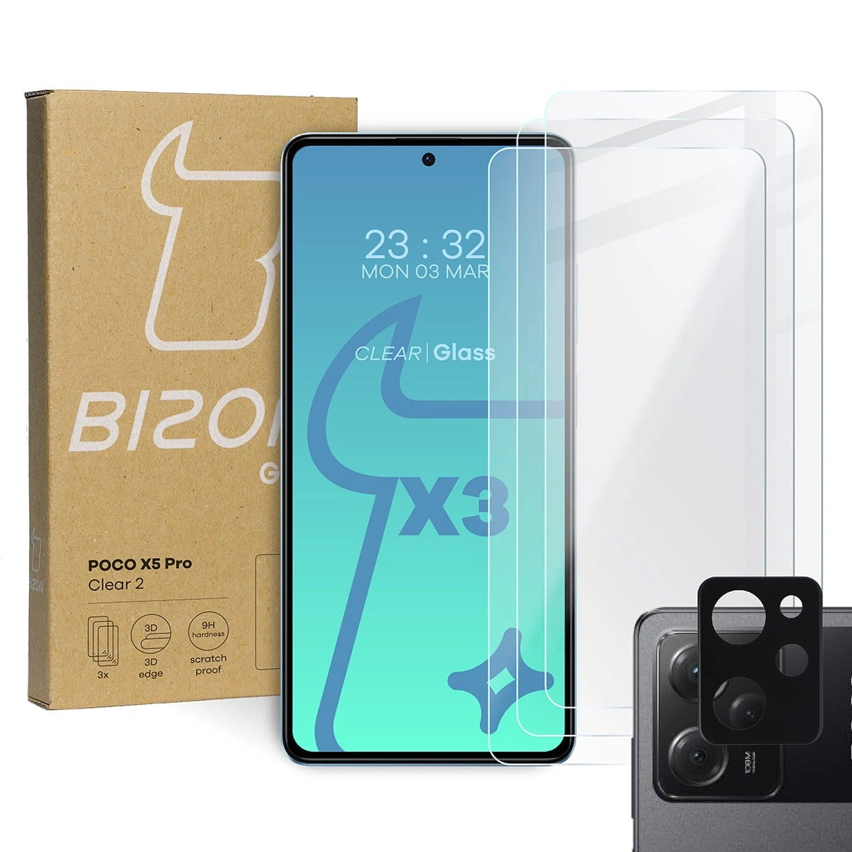 BIZON Clear 2 3x screen glass + camera glass Poco X5 Pro
