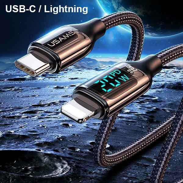 USAMS Nylon Cable U78 USB-C - Lightning LED 1.2m 20W PD Fast Charge black SJ545USB01 (US-SJ545)