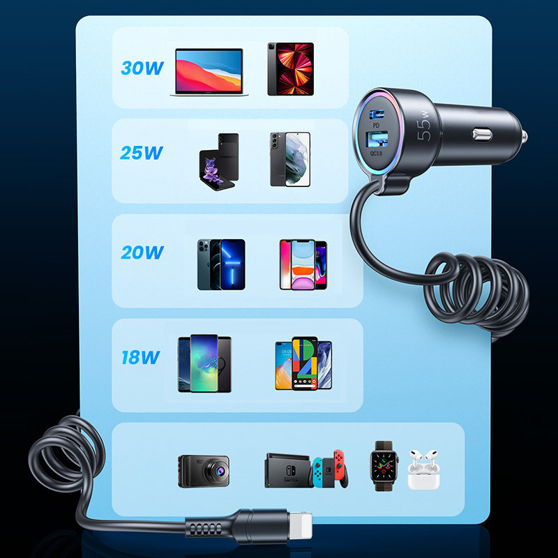 Joyroom fast car charger 3 in 1 with USB-C cable 1.5m 55W black (JR-CL07)