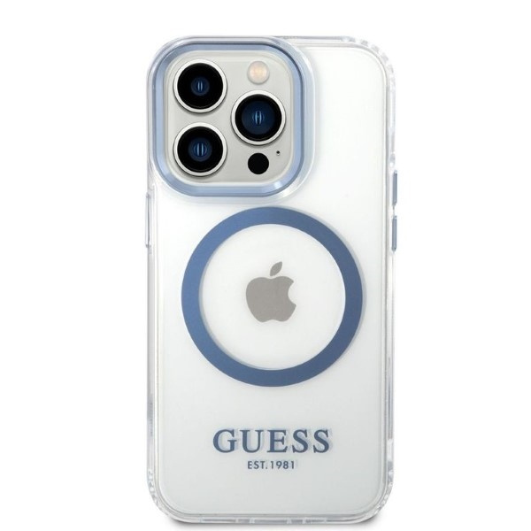 Guess GUHMP14LHTRMB Apple iPhone 14 Pro blue hard case Metal Outline Magsafe