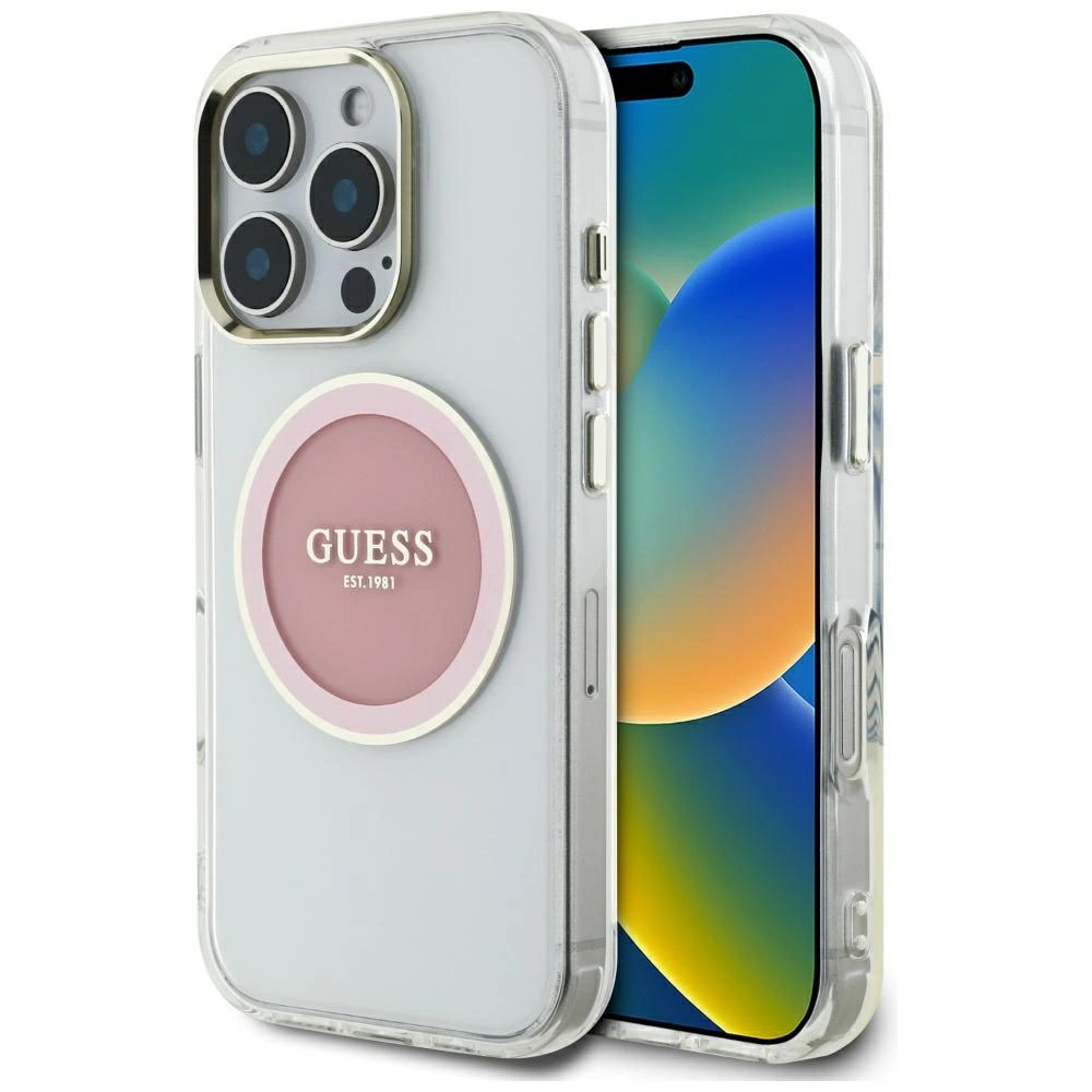 Etui Guess IML Metal Colored Circle Classic Logo MagSafe do Apple iPhone 16 Pro Max różowy