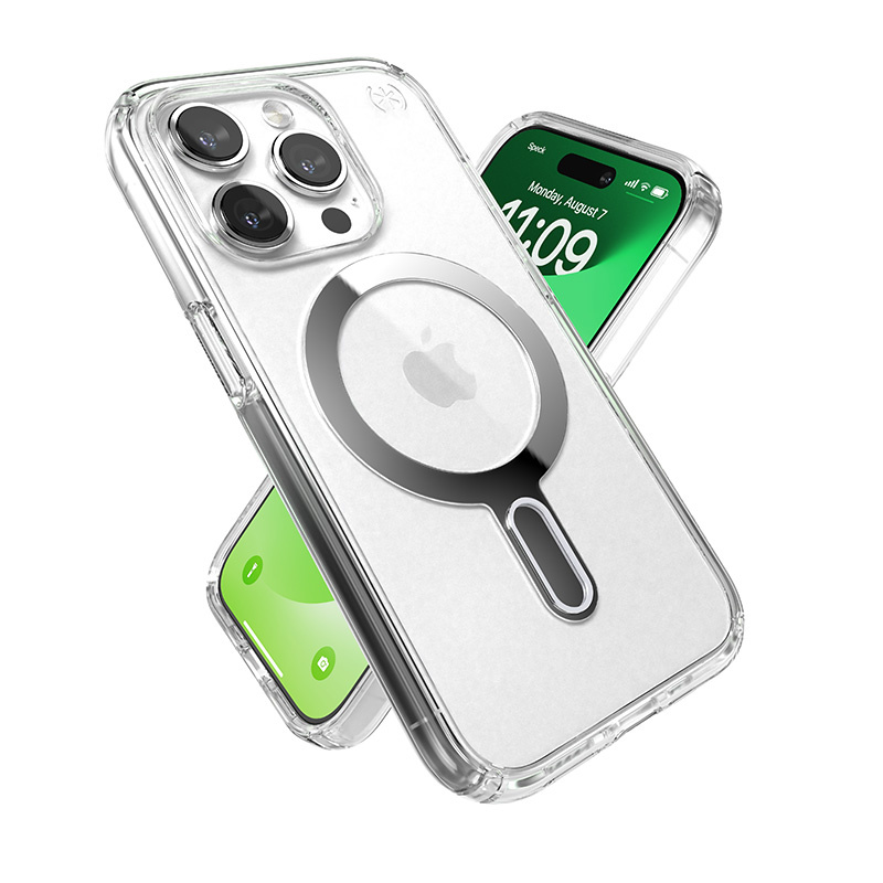 Speck Presidio Perfect-Clear ClickLock MagSafe Apple iPhone 15 Pro (Clear/Chrome Finish/Serene Silver)